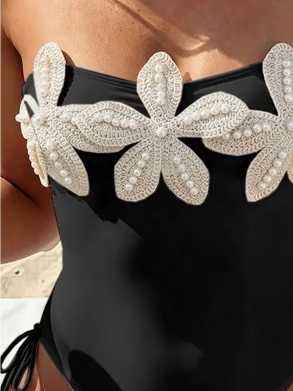 Black Strapless One-Piece Swimsuit with Pearl Floral Appliqué